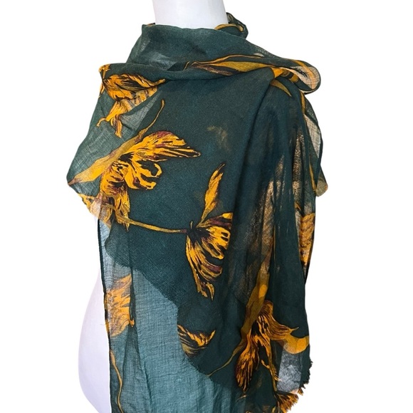 NWT ANN TAYLOR Green and Yellow Floral Chiffon  Scarf - Picture 1 of 7
